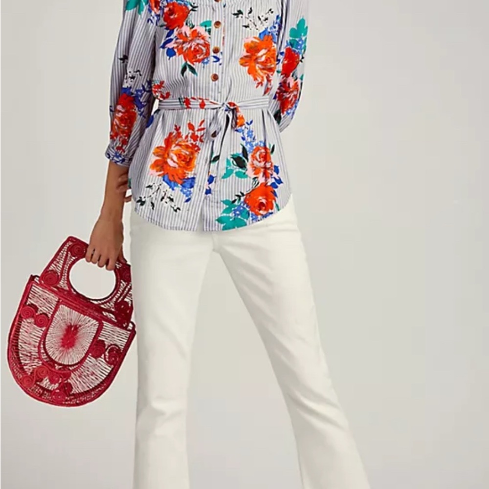 Maeve White and Blue Buttoned Blouse with 3/4 Sleeves, Size6